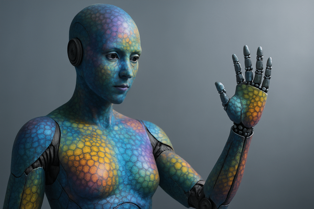 Humanoid robot with synthetic, color-changing skin and raised hand, illustrating the concept that Robots Can Feel Now.