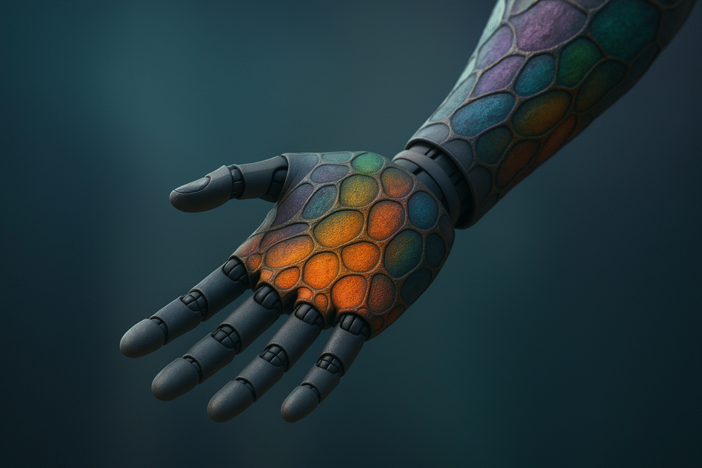 Robotic hand with synthetic, color-changing skin inspired by marine creatures, symbolizing the concept that Robots Can Feel Now.
