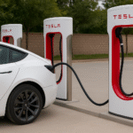 White Tesla vehicle charging at Tesla V4 superchargers in China with sleek modern design