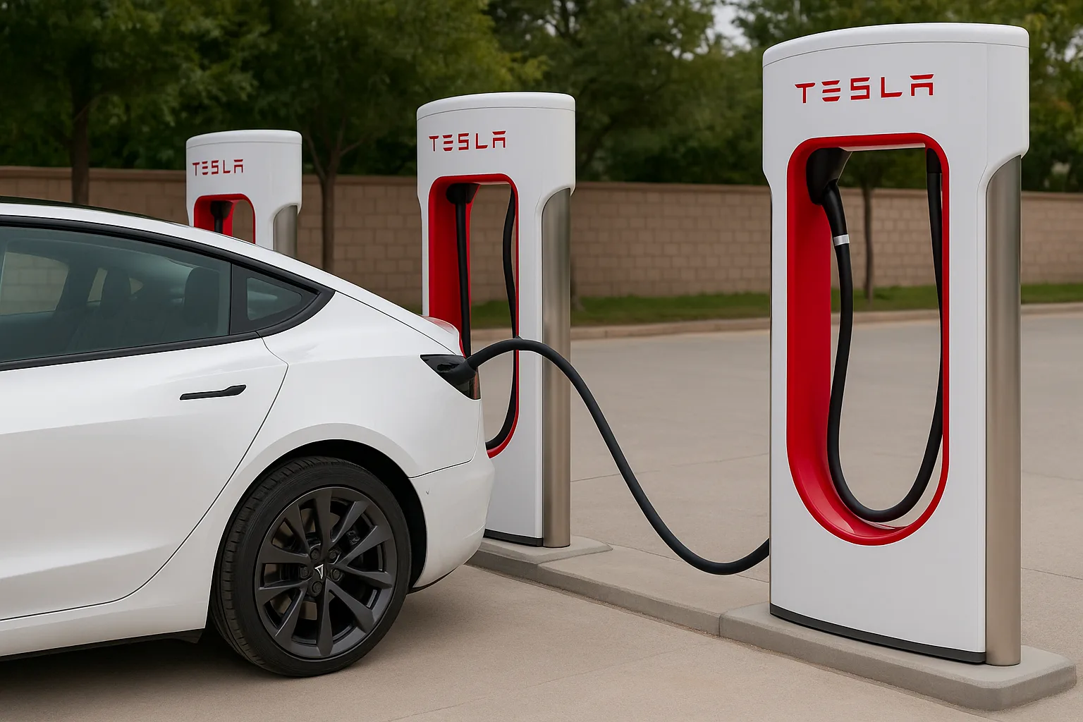 White Tesla vehicle charging at Tesla V4 superchargers in China with sleek modern design