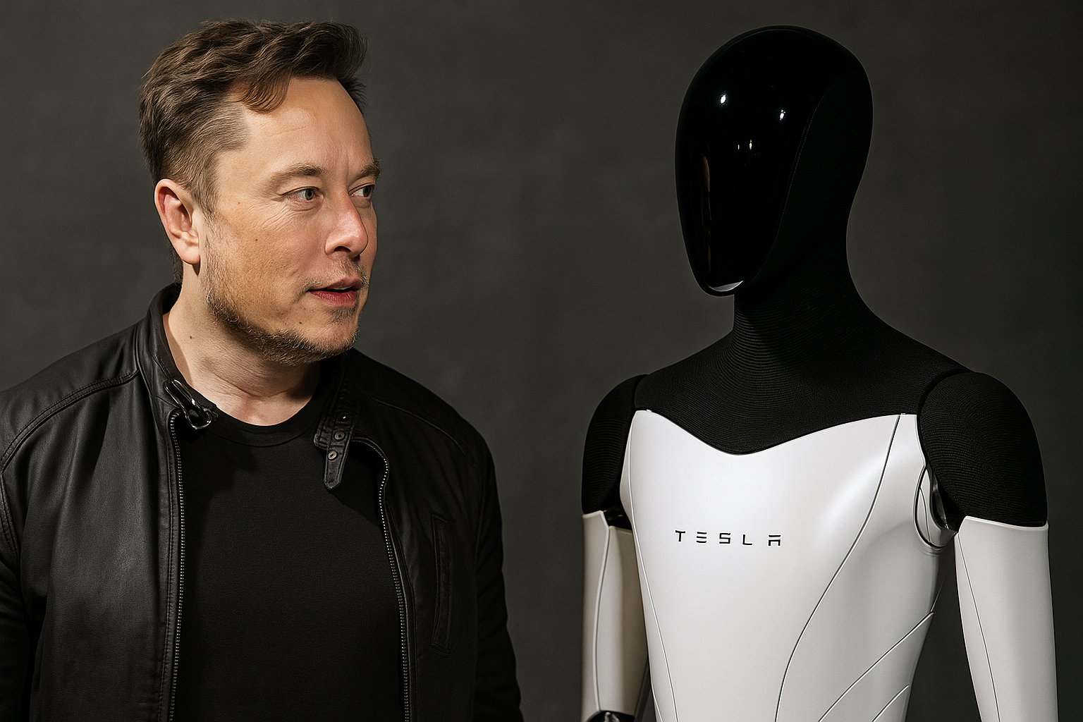 Elon Musk standing beside Tesla Optimus V3 humanoid robot with futuristic design, powered by Grok Voice AI.