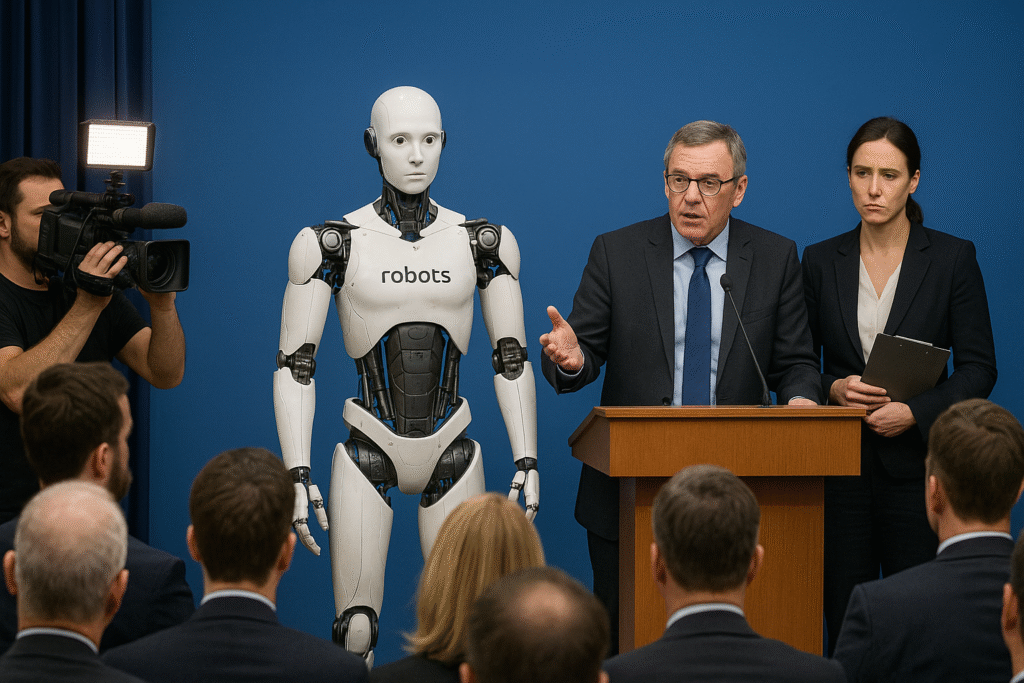 A humanoid robot stands beside officials at a press conference after the Germany Humanoid Robots Debut failure.