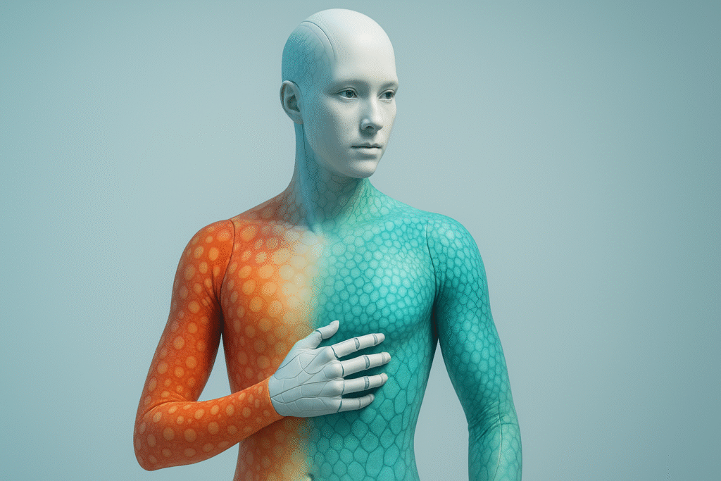 Humanoid robot with synthetic, color-changing skin inspired by marine creatures, representing the concept that Robots Can Feel Now.
