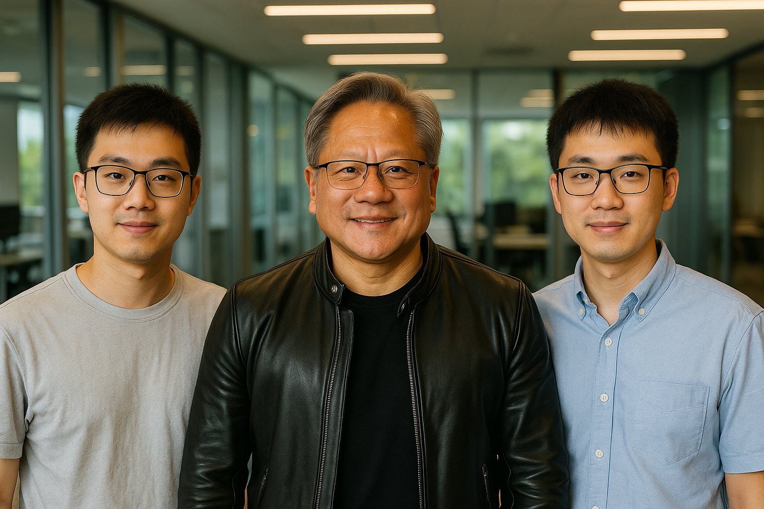 Nvidia taps 2 young Chinese AI experts as they pose with CEO Jensen Huang inside a modern office space.