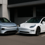 Xiaomi cheaper car vs Tesla parked side by side showcasing modern electric vehicle designs.