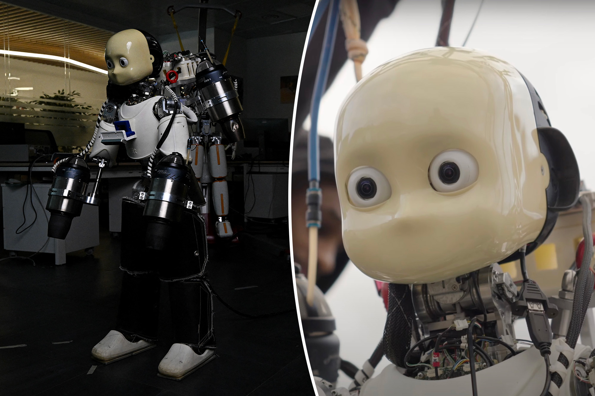 A flying ‘baby-faced’ robot with realistic human-like features hovering over a modern city, attracting curious onlookers.