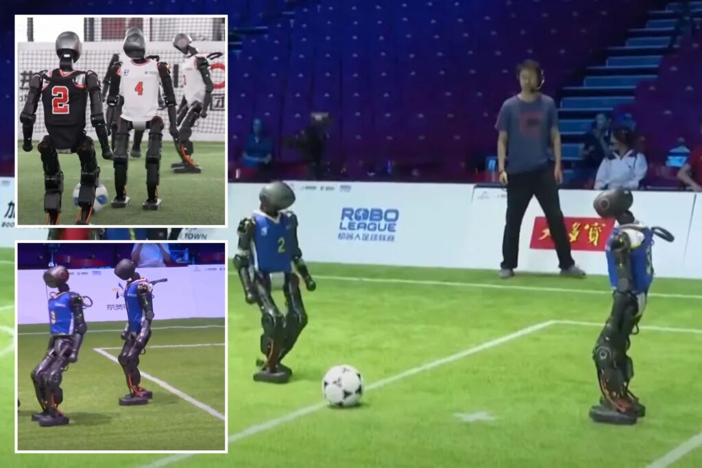 Humanoid Robots Guided by AI playing soccer in a historic 3-on-3 match.