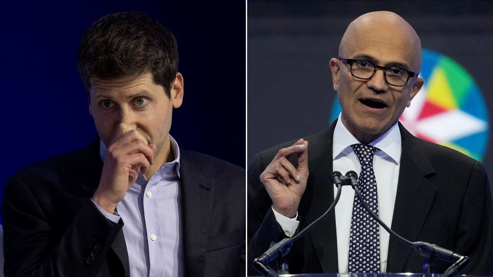 OpenAI and Microsoft AGI Duel – CEOs Sam Altman and Satya Nadella discussing the future of artificial intelligence.