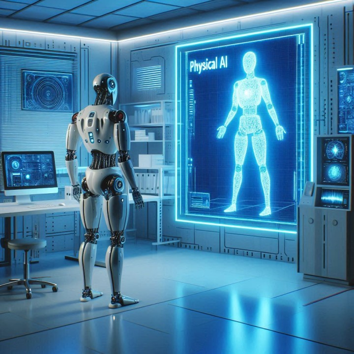 A humanoid robot standing and observing itself, questioning — Will AI Need a Body to Come Close to Human-Like Intelligence?