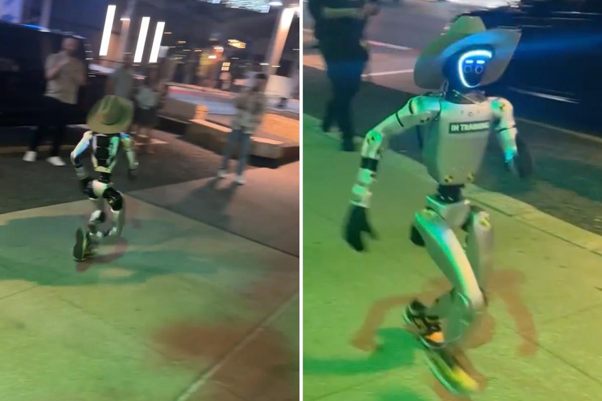 Jake the Rizzbot spotted in Austin, Texas, wearing a cowboy hat and charming crowds with his futuristic moves