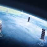 A close-up view of Starlink technology deployed in space, showing advanced satellites orbiting Earth, powering Starlink Inflight Internet.
