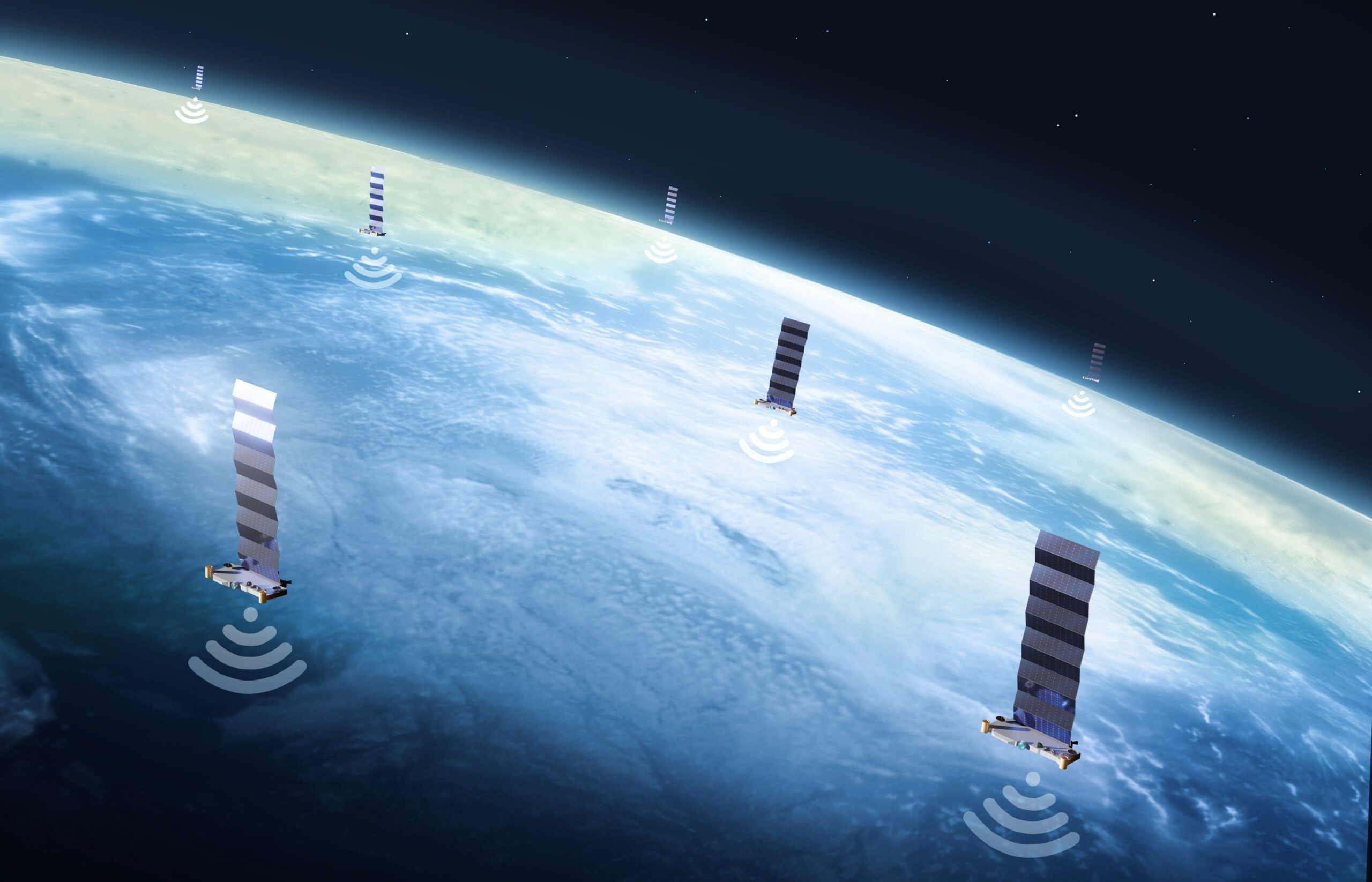 A close-up view of Starlink technology deployed in space, showing advanced satellites orbiting Earth, powering Starlink Inflight Internet.