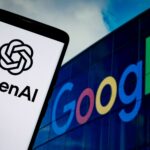 Two smartphones side by side, one displaying OpenAI and the other showing Google, symbolizing OpenAI’s use of Google’s AI chips.