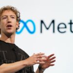 Mark Zuckerberg presenting Meta Superintelligence Group with AI graphics in the background.