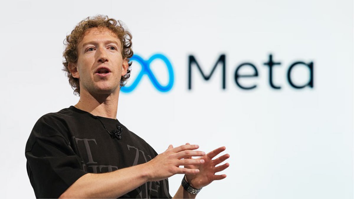 Mark Zuckerberg presenting Meta Superintelligence Group with AI graphics in the background.