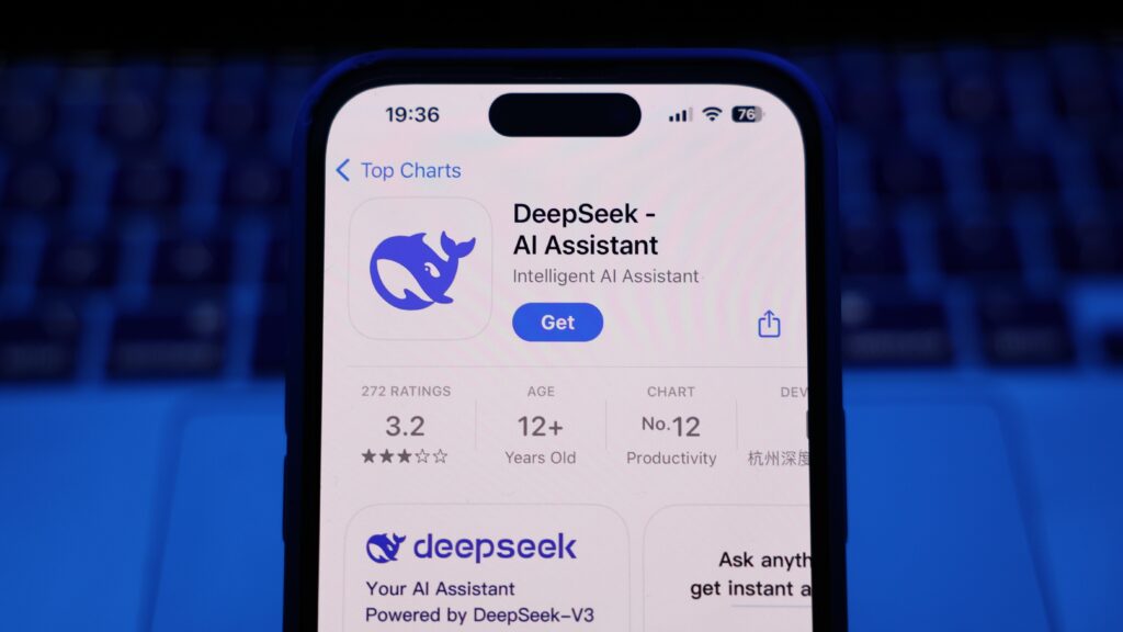 A smartphone screen showing the DeepSeek AI application, highlighting the app at the center as Germany asks Google, Apple to remove DeepSeek AI from app stores.