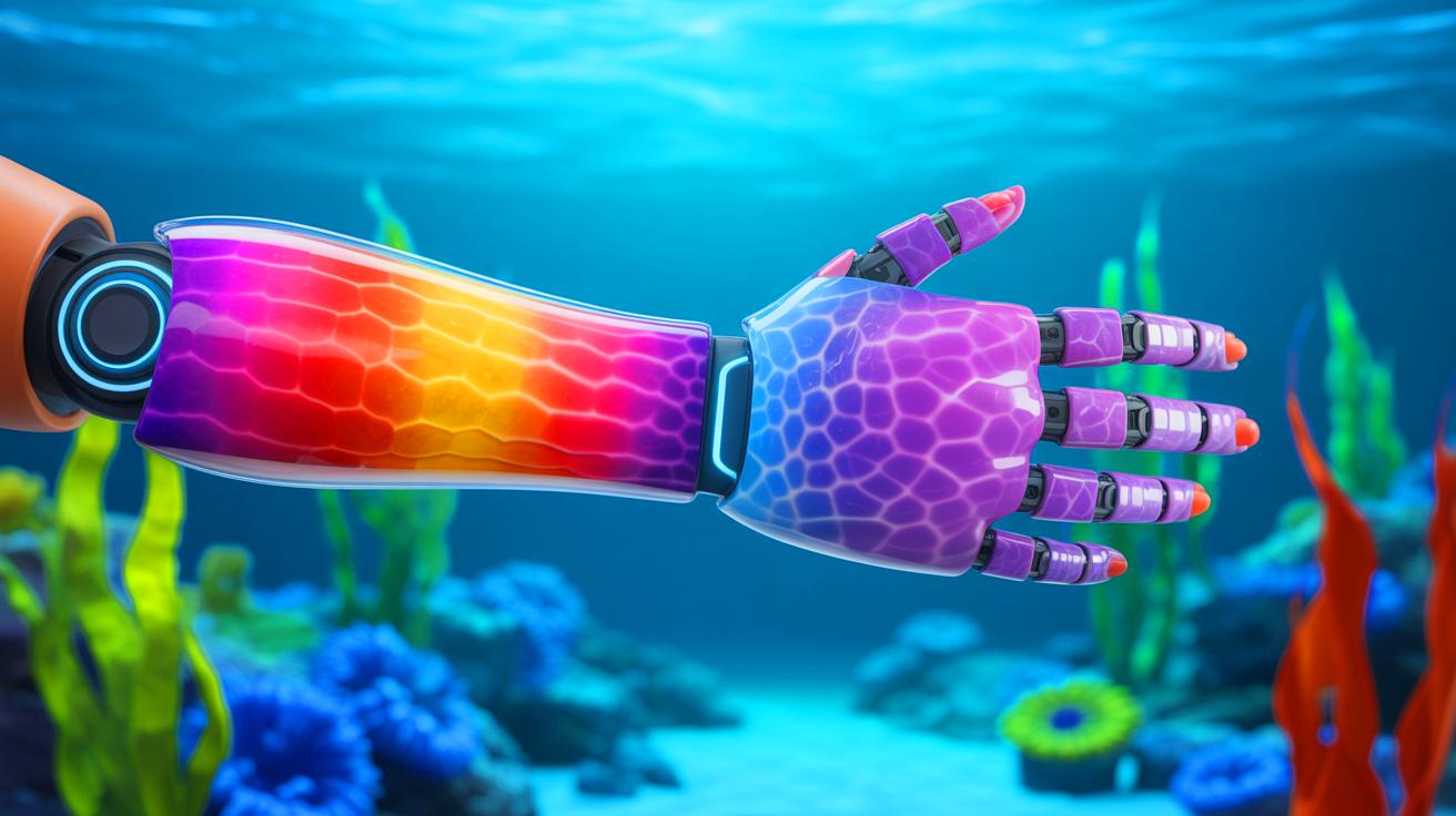Illustration of synthetic skins inspired by marine creatures, designed to change color for wearable technology and soft robotics applications.
