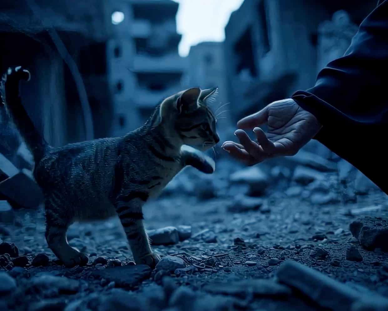 AI-generated cat and hand scene set in war-torn city – created using advanced AI tools in filmmaking