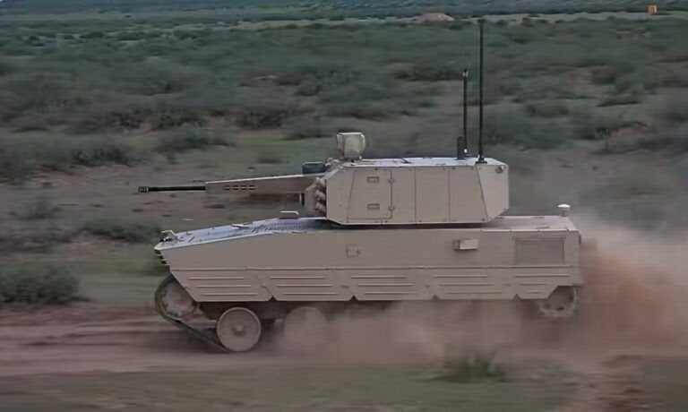 China’s VU-T10 robotic tank moving across rough terrain during test trials
