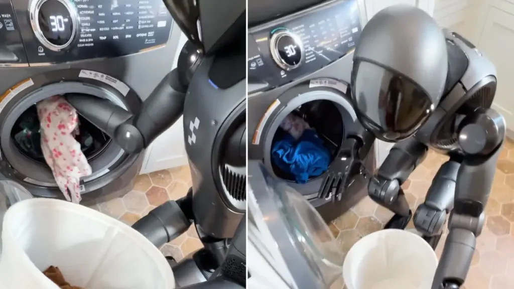 AI-powered humanoid robot doing laundry in a modern home environment