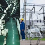 A robot dog inspecting wind turbines at China’s desert-based human-free renewable energy site, part of the world's first robot dog wind farm.