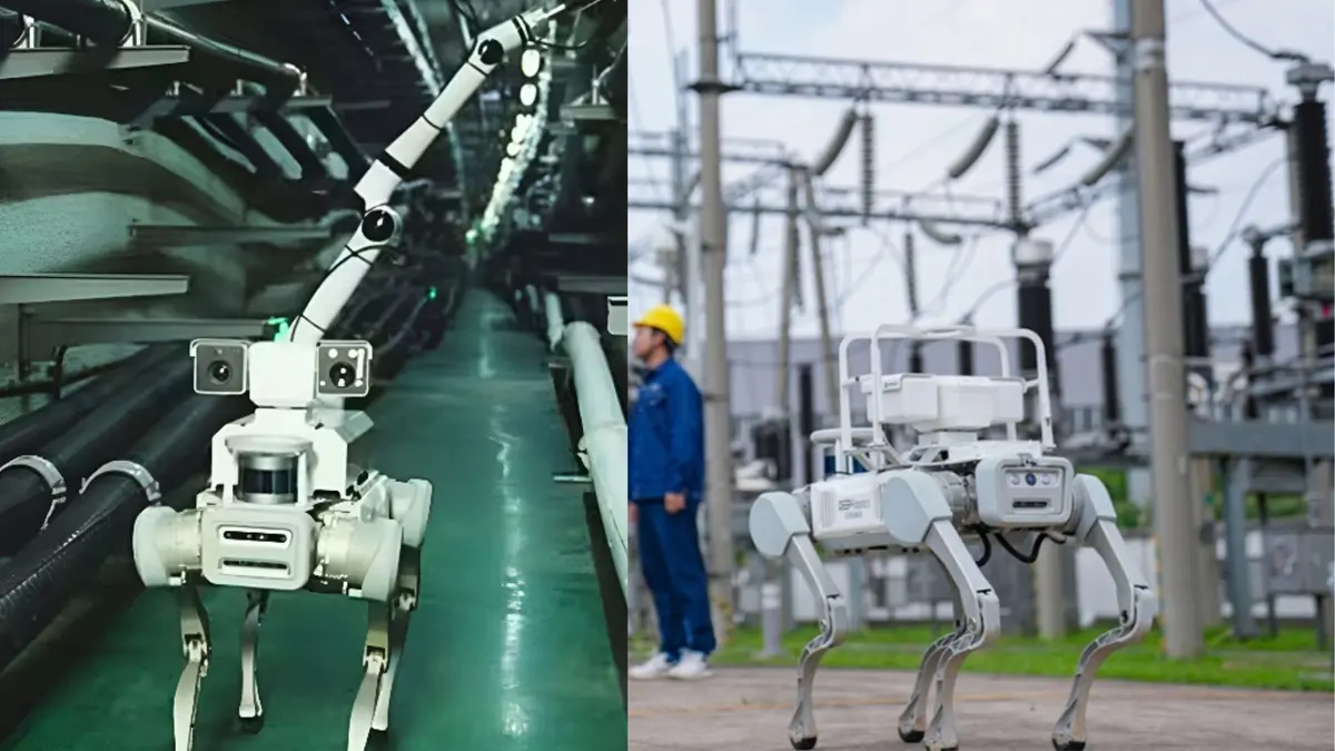 A robot dog inspecting wind turbines at China’s desert-based human-free renewable energy site, part of the world's first robot dog wind farm.