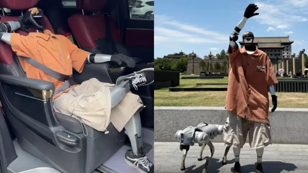 Humanoid robot Uncle Bot dressed in dad-style outfit relaxing in a car and waving in public with a robot dog.
