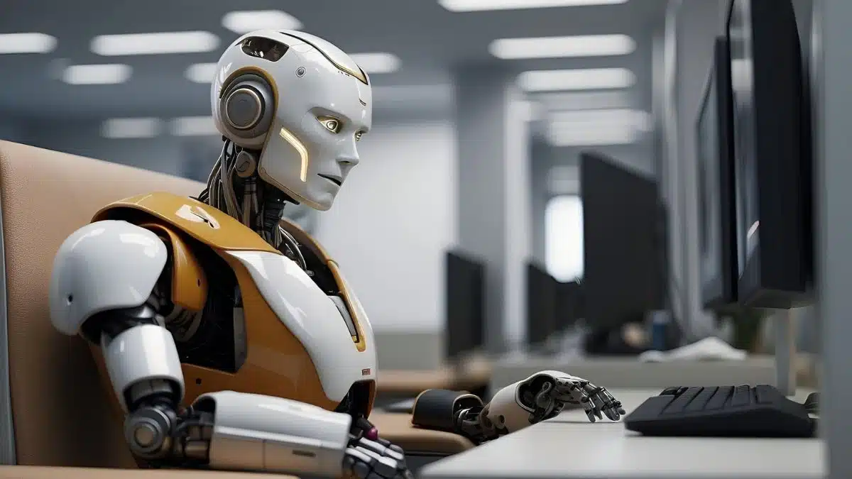 Robot operating a computer symbolizing how AI replaces staff in modern workplaces