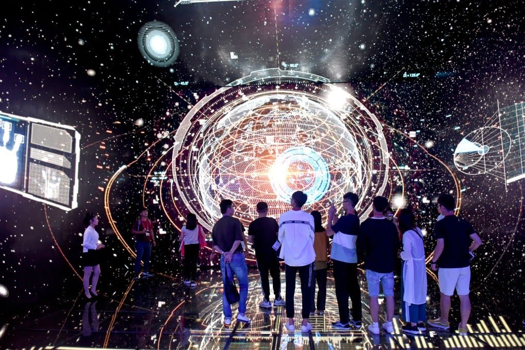 Group of young people observing futuristic digital display representing Chinese AI scientists' global technological achievements
