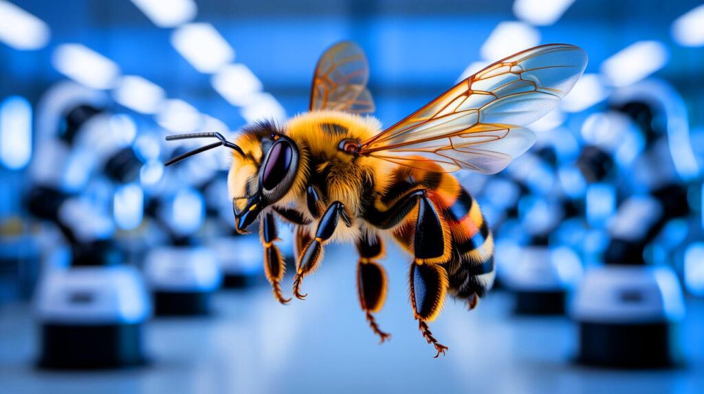 Illustration showing how bees' hidden learning trick through flight patterns enhances visual perception, inspiring AI and robotics research.