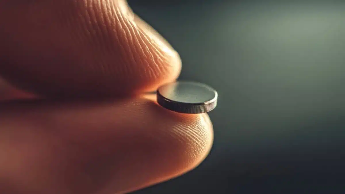 A close-up view of China’s coin-sized nuclear battery held between two fingers.