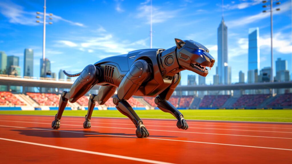Futuristic Black Panther robot dog sprinting on a track in a stadium, symbolizing China’s breakthrough in robotic speed and agility.