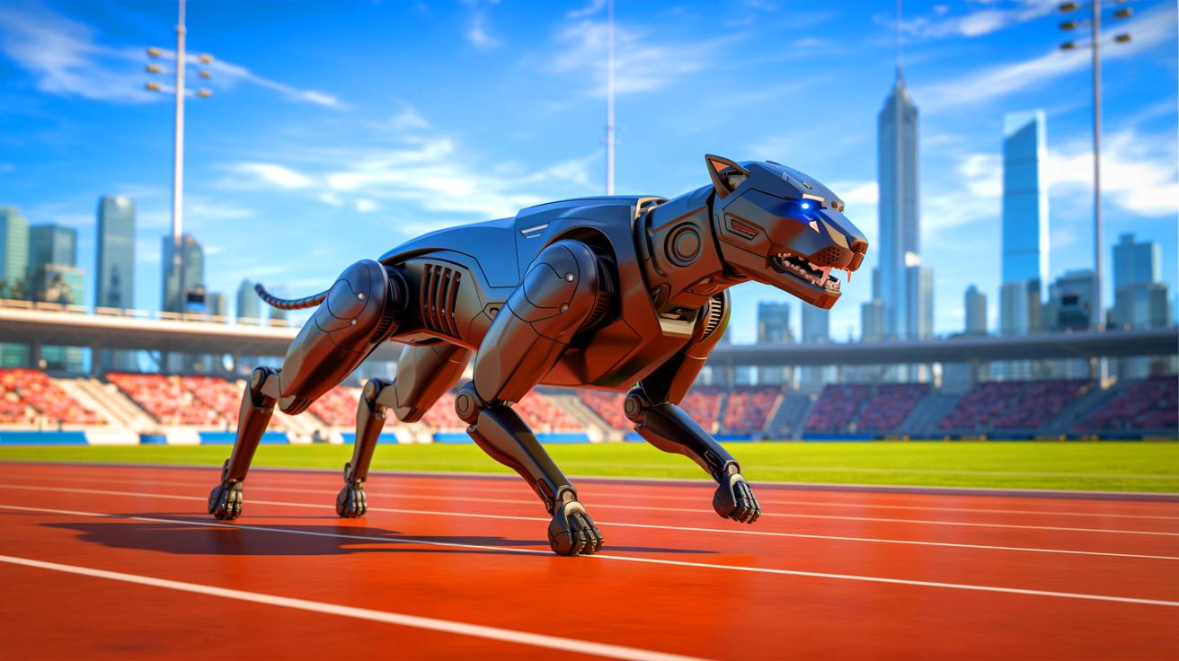Futuristic Black Panther robot dog sprinting on a track in a stadium, symbolizing China’s breakthrough in robotic speed and agility.