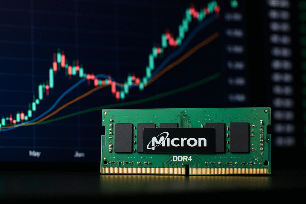 Close-up of Micron DDR4 memory chip with stock market chart in the background, highlighting how strong AI revenue lifts Micron stock