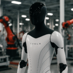 Tesla’s humanoid robot standing in a futuristic factory with robotic arms in the background.