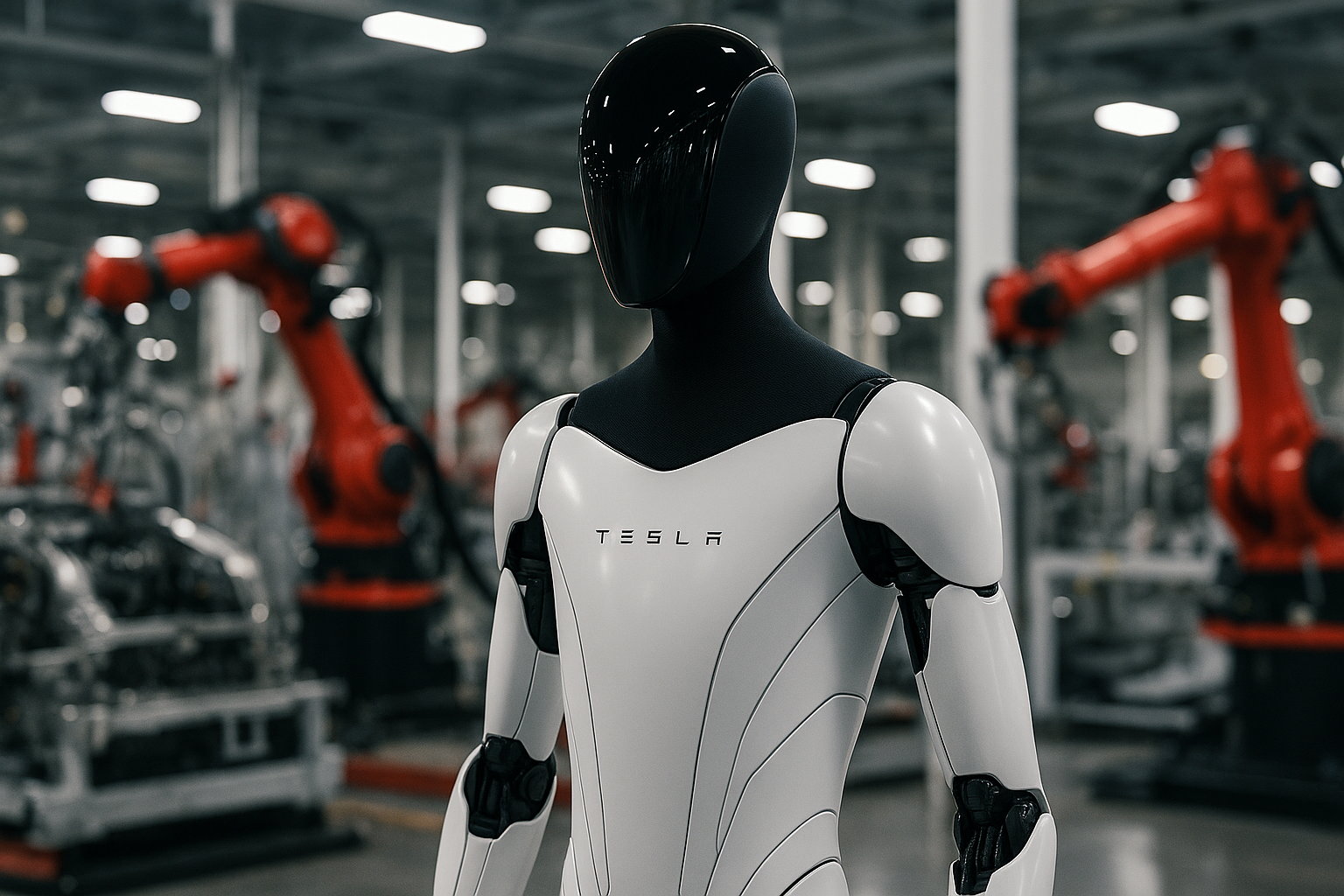 Tesla’s humanoid robot standing in a futuristic factory with robotic arms in the background.