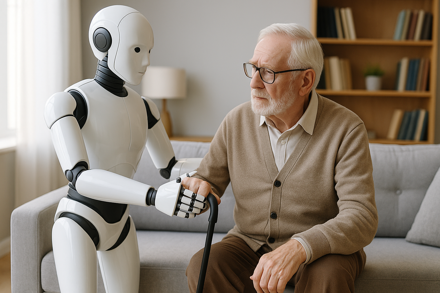 humanoid robot assists an elderly man at home, symbolizing how AI and humanoid robots will reshape aging societies.