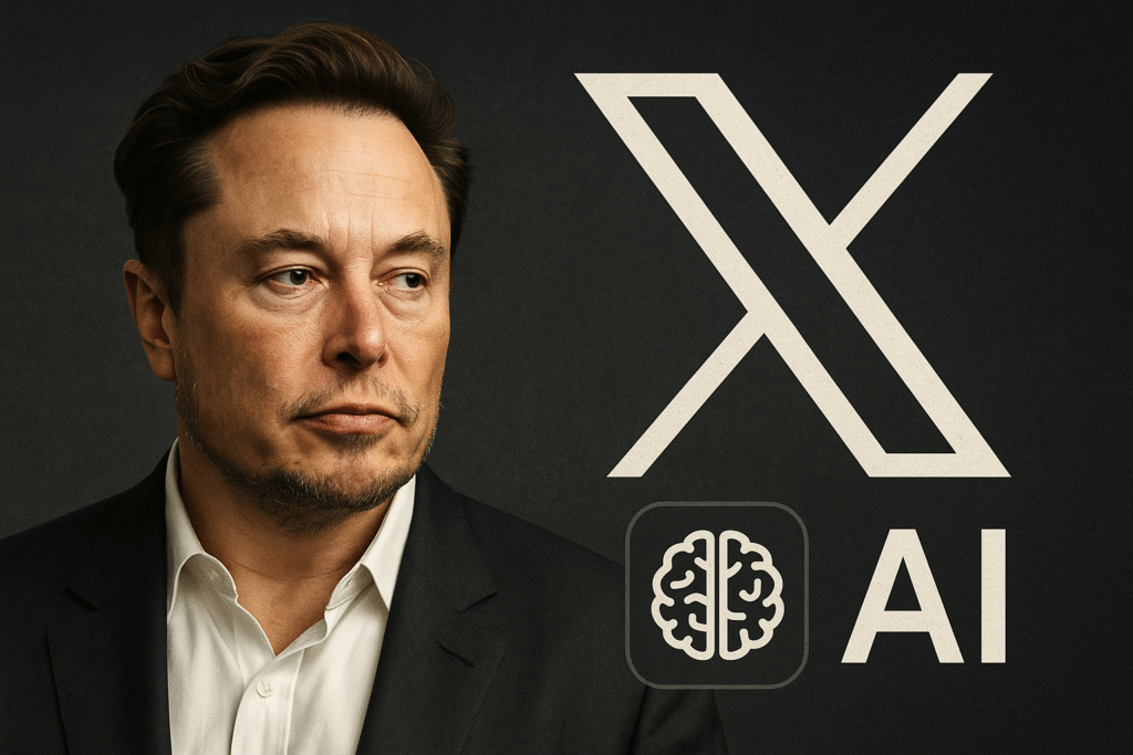 Elon Musk in front of X and AI symbols, representing the downfall of his everything app vision.