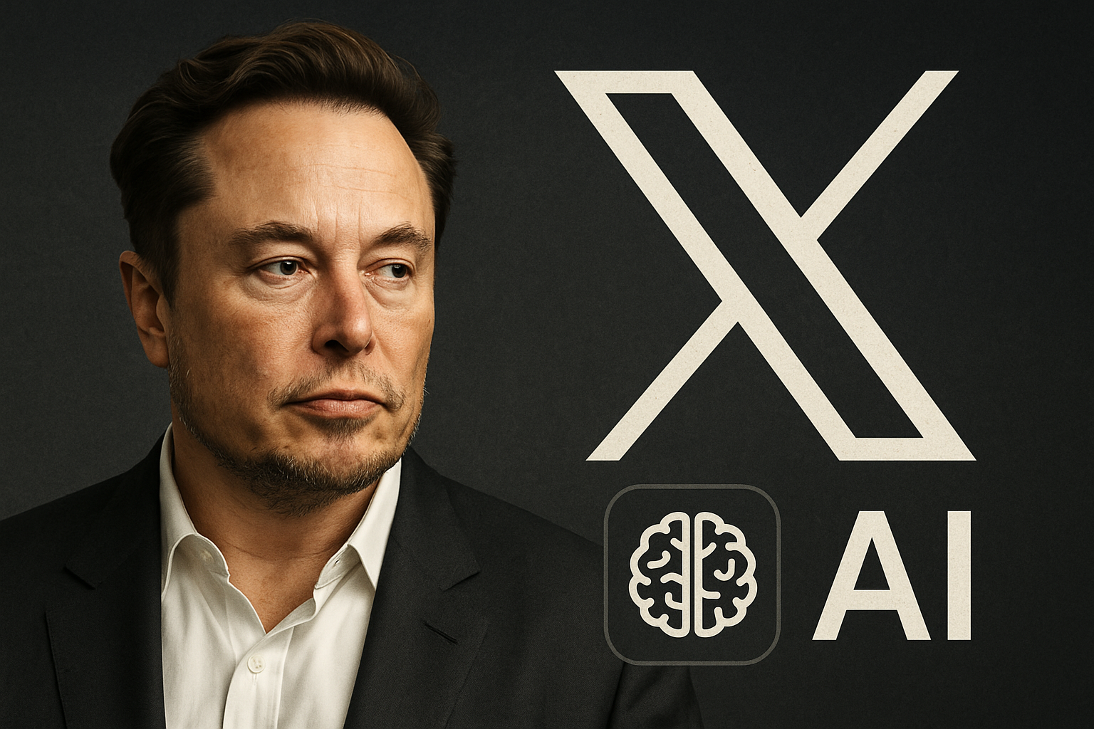 Elon Musk in front of X and AI symbols, representing the downfall of his everything app vision.