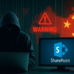 Hacker exploiting SharePoint zero day vulnerability with Chinese flag and security warning on screen