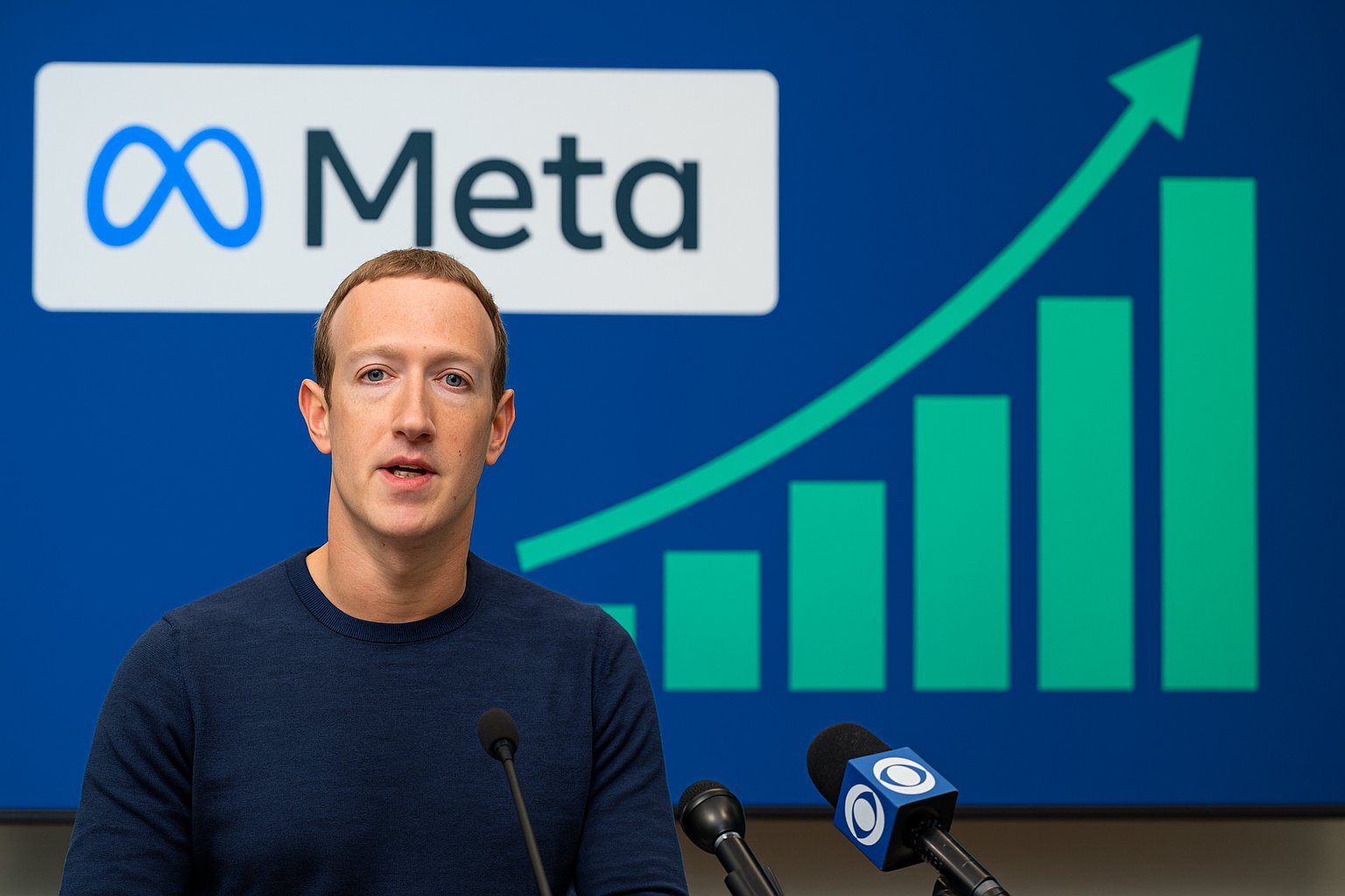 Mark Zuckerberg speaks during Meta earnings call with growth chart in background.