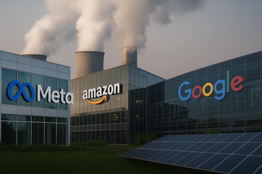 The headquarters of Meta, Amazon, and Google stand united in front of industrial smokestacks and solar panels, symbolizing the largest deployment in history to combat fossil fuels.