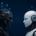 Two advanced humanoid robots facing each other, symbolizing the competition between Alibaba’s Qwen3-235B-A22B-2507 and Kimi-2 in AI technology.