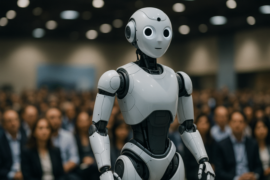 Humanoid new advanced service robot RobotEra Q5 standing confidently at a tech conference, showcasing its futuristic design and AI capabilities.