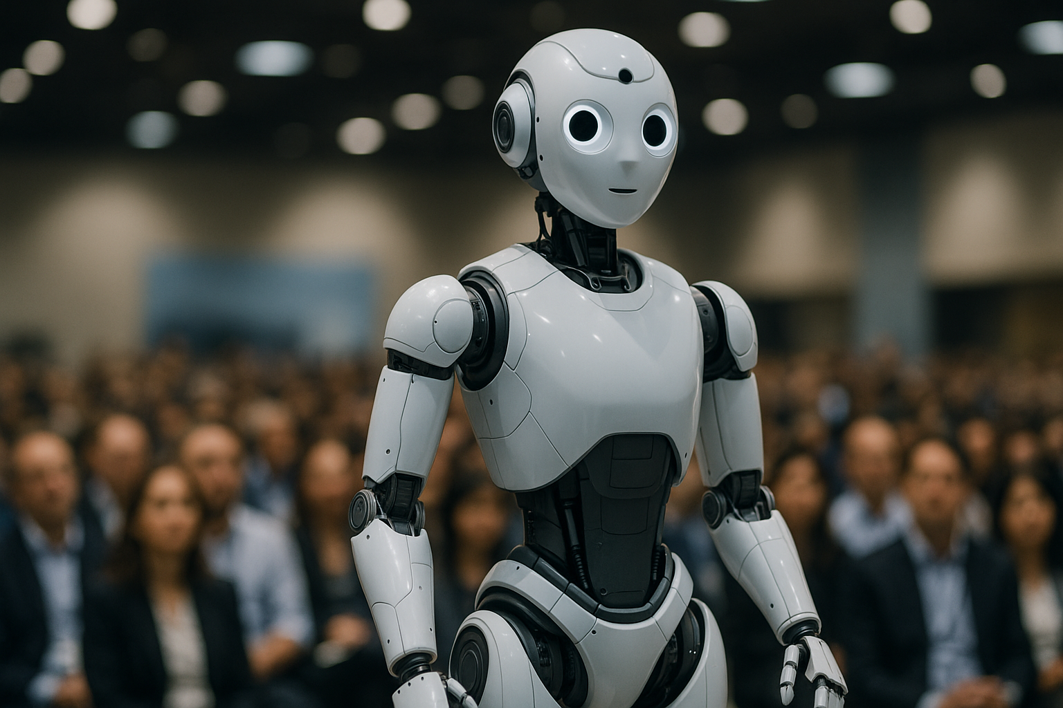 Humanoid new advanced service robot RobotEra Q5 standing confidently at a tech conference, showcasing its futuristic design and AI capabilities.