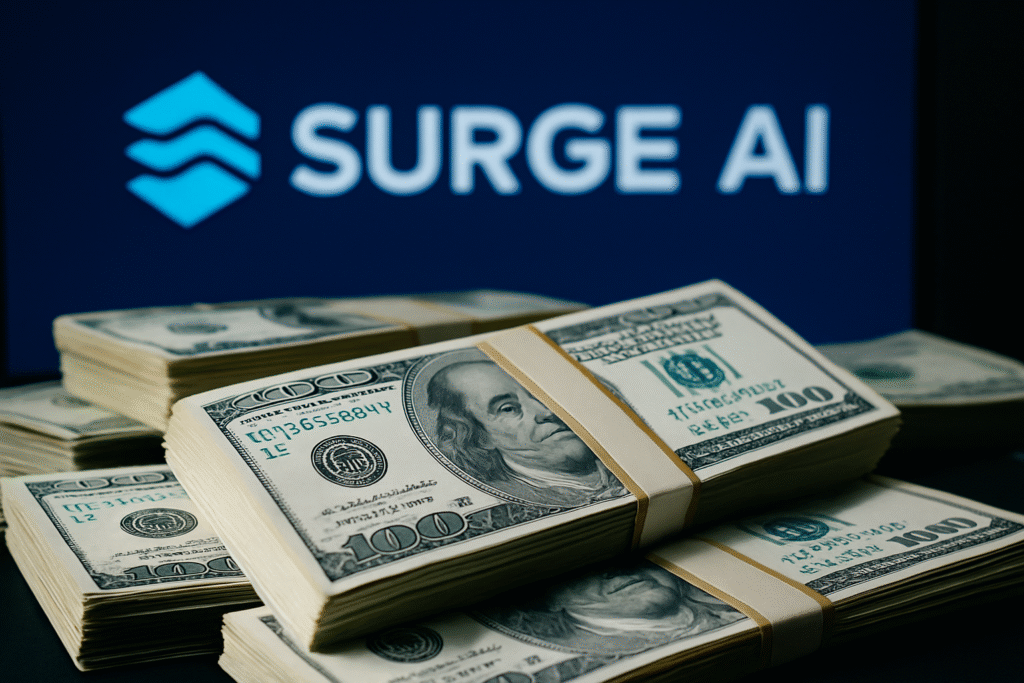 Stacks of US dollars in front of Surge AI logo representing Surge AI capital raise efforts.
