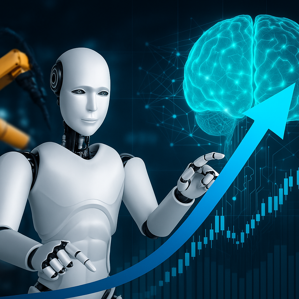A futuristic humanoid robot pointing towards a rising arrow with a digital brain and robotic arm in the background, symbolizing the success of the 5 hottest startups from robotics to AI.