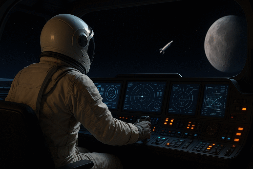 Astronaut navigating spacecraft controls with Earth and rocket visible, concept of ChatGPT control of a spaceship.