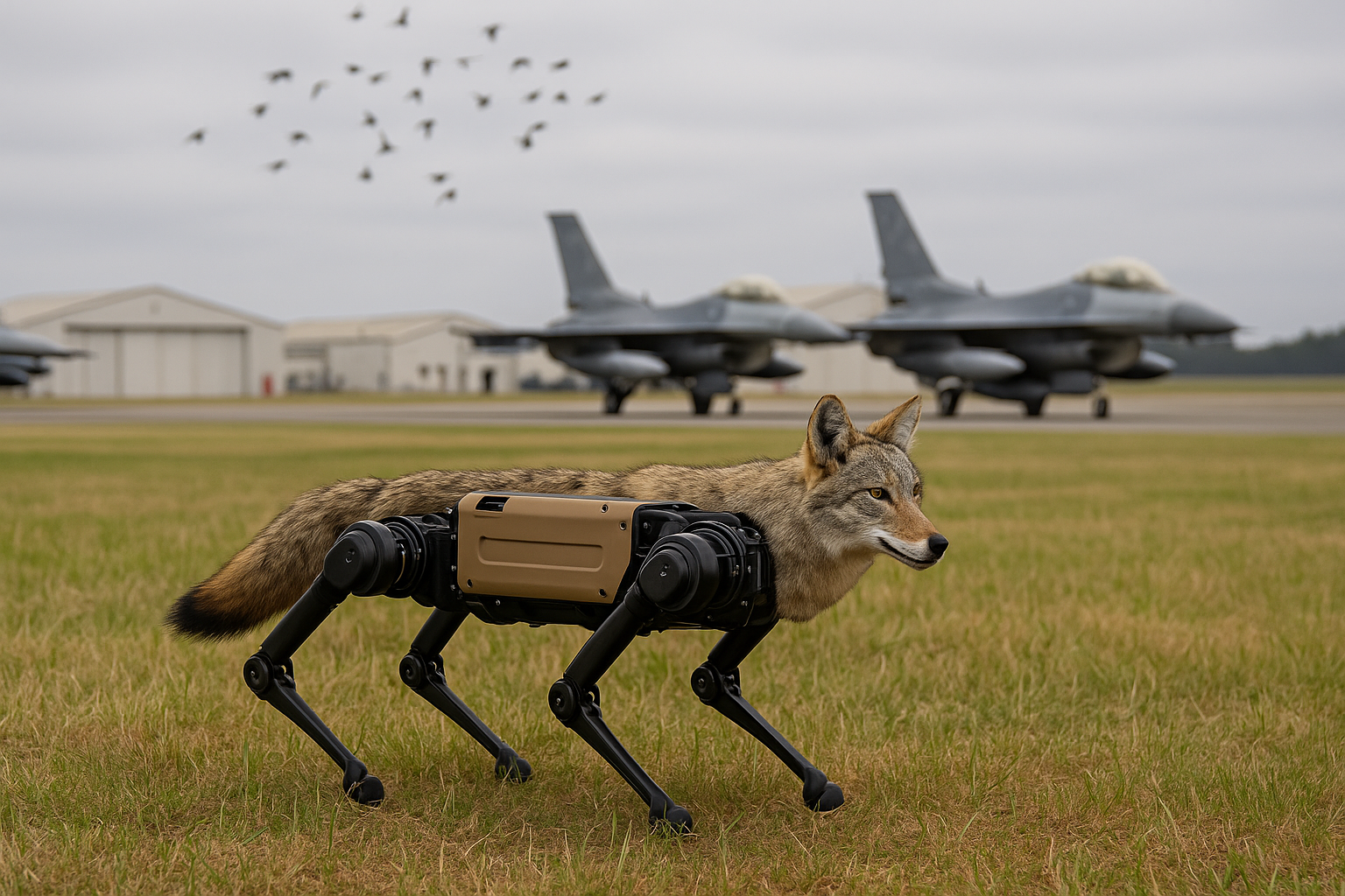 Robotic coyote patrolling an airfield with fighter jets in the background to prevent bird strikes.