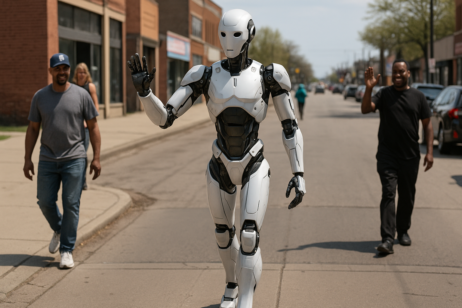A human-like robot in Detroit walking down a city street while waving at pedestrians.